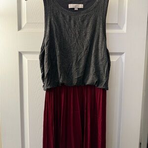 LOFT Mixed Media Blouson Midi Dress in Charcoal & Burgundy